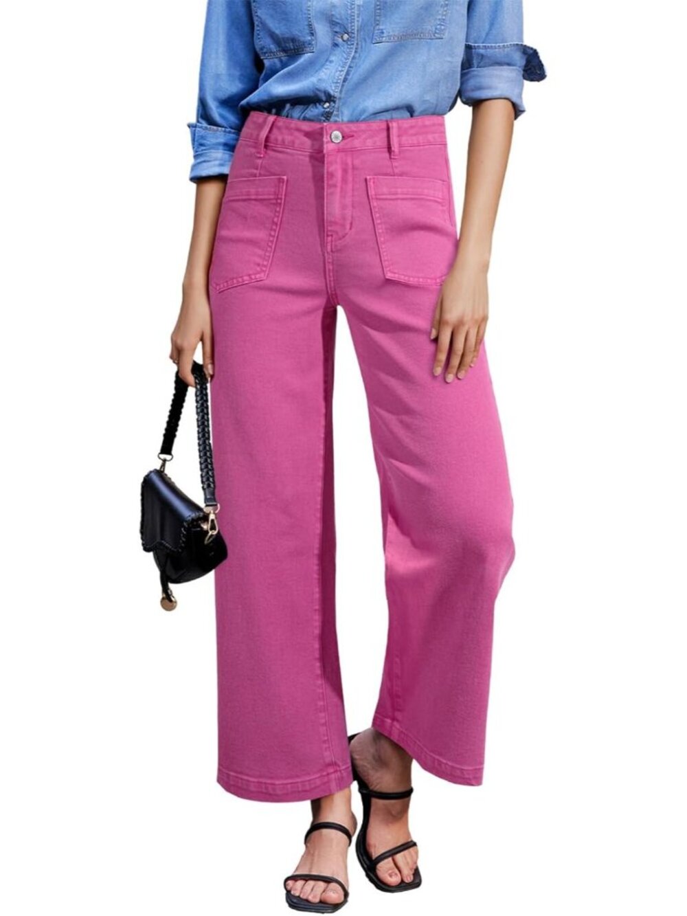 Women's Hot Pink Wide Leg Jeans High Waisted Stretchy Stylish Ankle Denim Pant
